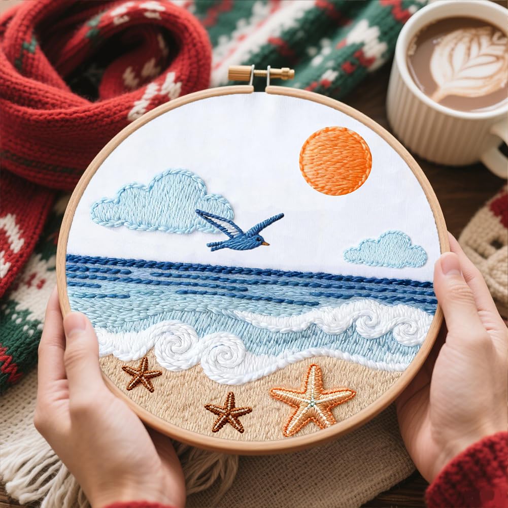 FREEBLOSS 4 Set Embroidery Kit for Beginners Adult Beach Stamped
